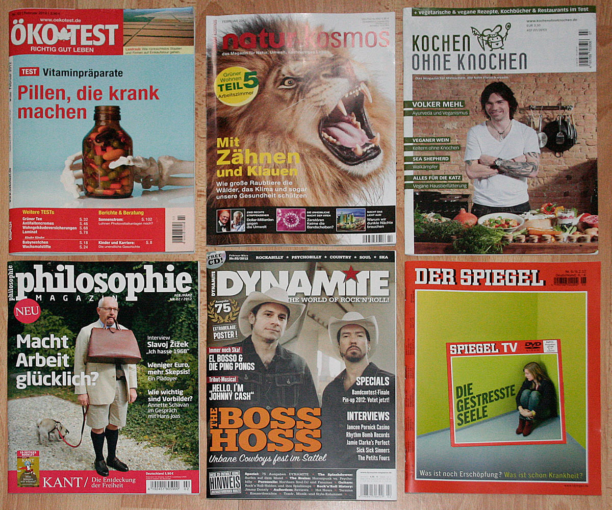 Öko-Test 2/2012, Philosophie Magazin 2/2012, Natur+Kosmos 2/2012, Kochen ohne Knochen 1/2012, Dynamite 2/2012, Der Spiegel 6/2012