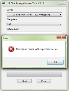 „Kein Medium“ (HP USB Disk Storage Format Tool Screenshot)